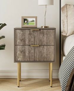 2-Drawer Nightstand with Fluted Front & Gold Legs