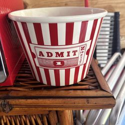 William Sonoma Ceramic Popcorn Bucket Red/White 9"