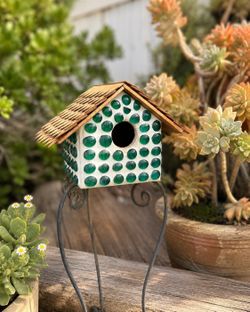 Vintage Handcrafted Birdhouse Whimsical Garden Decor Art Sculpture Yard Artwork Marbles Sculptural Collectible