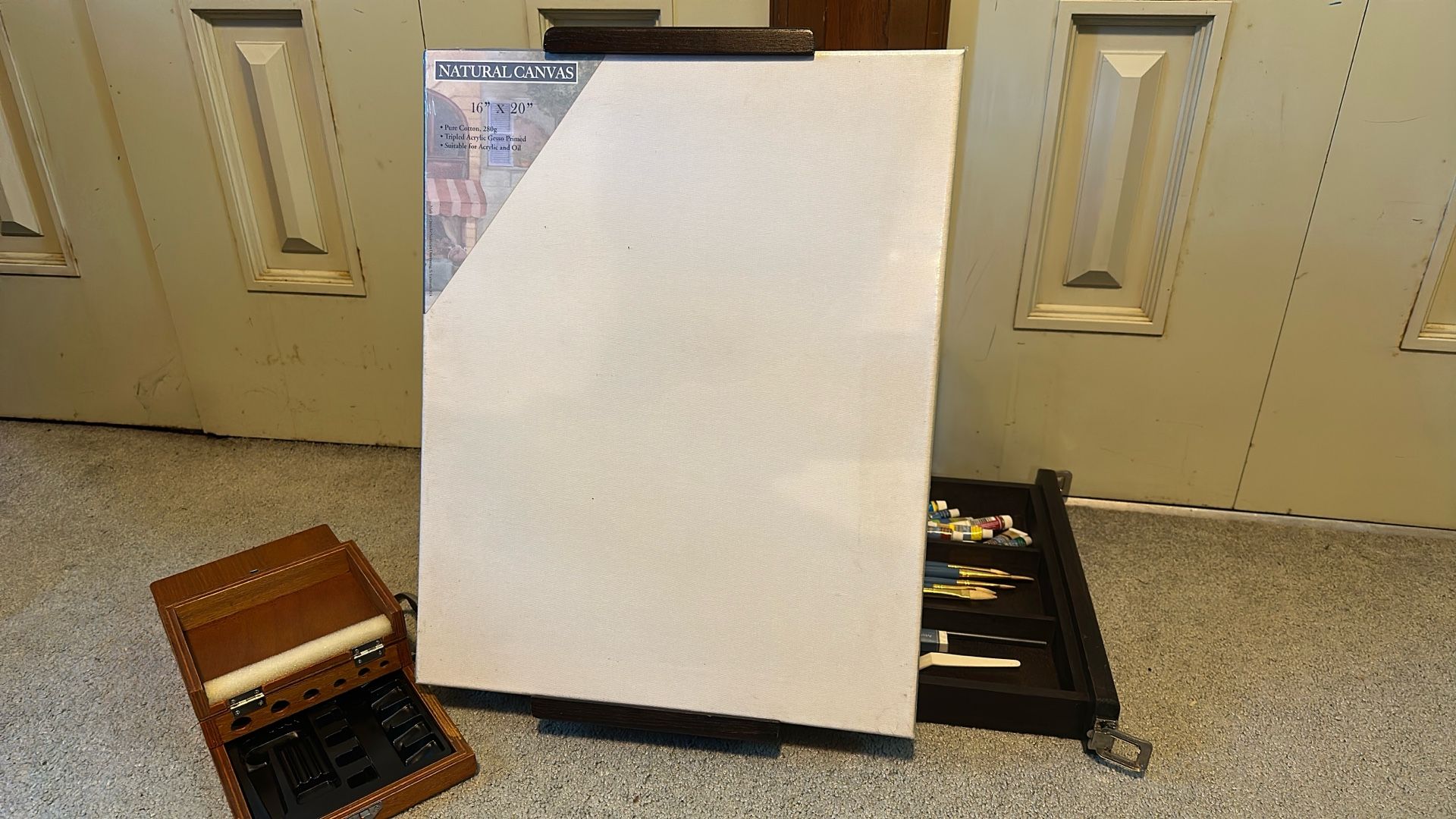 Painting Canvas Set with Paints, Easel, Paints, Brushes, Pallette