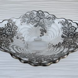 Gorgeous Vintage Cambridge Glass Silver Overlay Floral Footed Bowl 12"