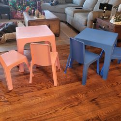 Two Plastic Tables With Two Chairs Blue And Pink