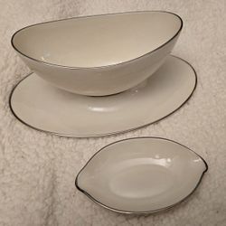 Vintage Lenox Olympia Platinum Gravy Boat w/ Attached Plate & Lemon Shaped Dish