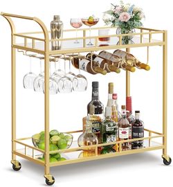 Bar Cart with 2 Mirrored Shelves, Wine Holders, Glass Holders Home Bar Serving Cart, Wine Cart, for Kitchen, Dining Room, 15 x 33.9 x 35.4 inches, ULR