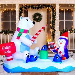 6 FT Long Christmas Inflatable Polar Bear Decoration, Blow Up Yard Decoration Fishing Hole Sign with Build-in LEDs

