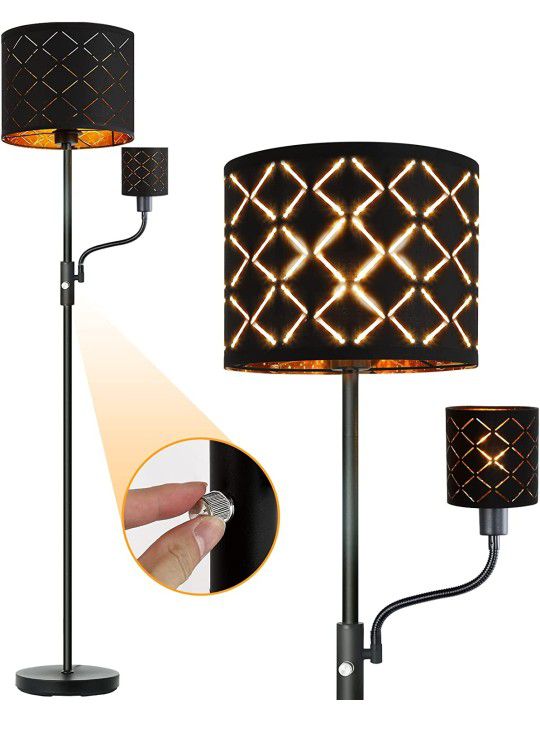 Floor Lamp for Bedroom, 8W LED Floor Lamps with 4W Adjustable Reading Light, Tall Lamp with Black Cutout Fabric Lampshade, 2700K Brightness, Modern 