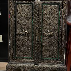 Antique Glass Mosaic Double Door Hand Carved Wooden Cabinet