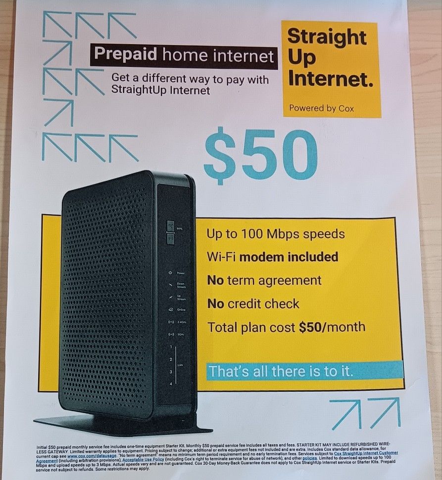 (ONLY $50 a Month) Unlimited internet powered by Cox (Modem included)