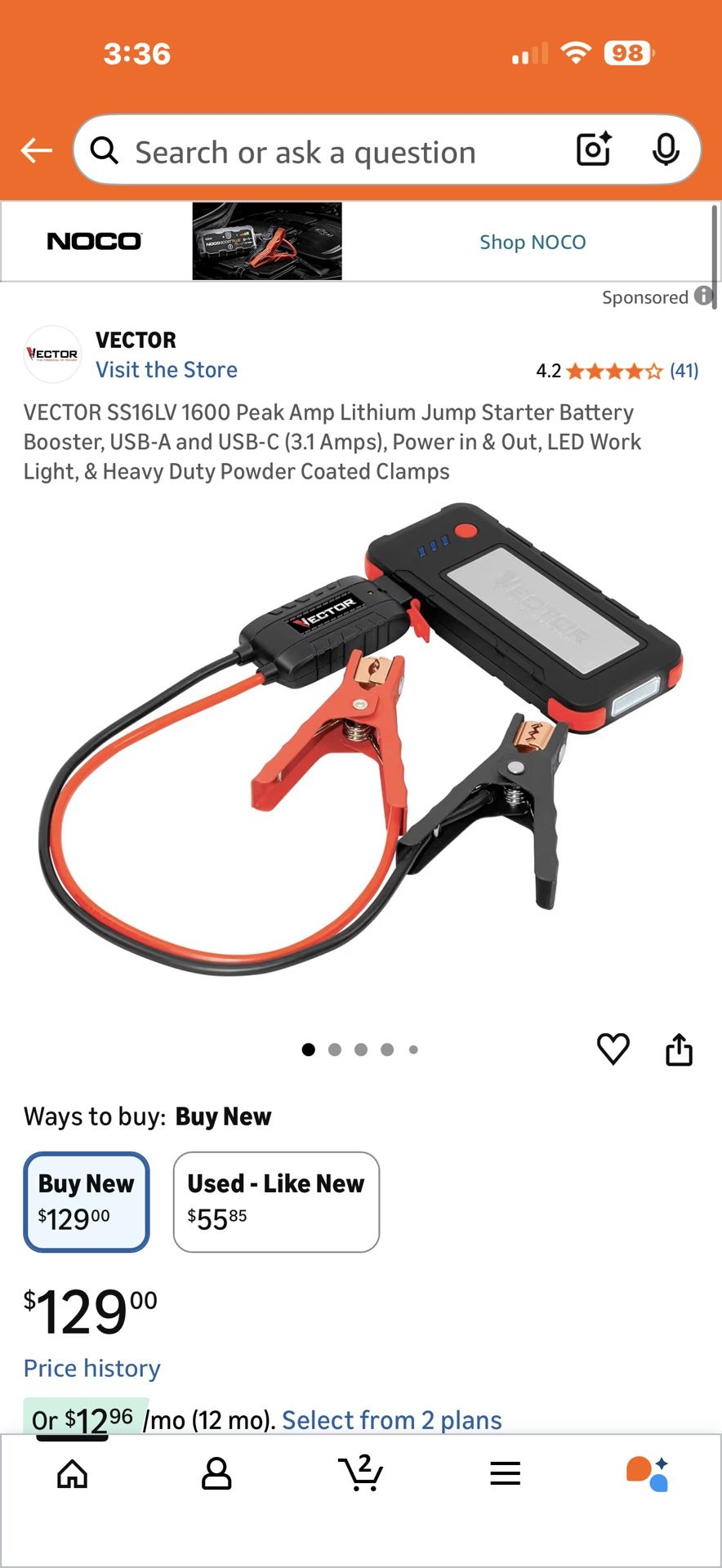 VECTOR SS16LV 1600 Peak Amp Lithium Jump Starter Battery Booster, USB-A and USB-C (3.1 Amps), Power in & Out, LED Work Light, & Heavy Duty Powder Coat