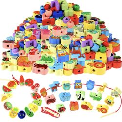Used, Montessori Wooden Educational Threading Toys Farm Animals Fruits Wooden Lacing Beads Toys 