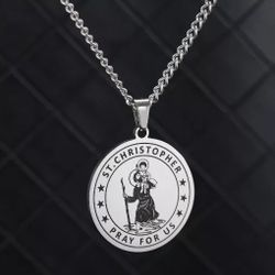 Silver Mens St Saint Christopher Medal Pendant Necklace Stainless Steel Amulet