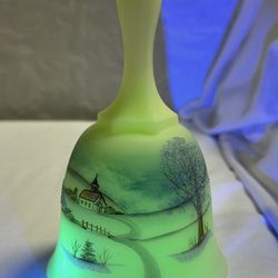 Princess House Fenton Bell: Green Custard Glass, Winter Church Scene