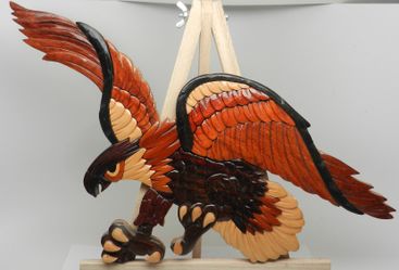 Vintage Handmade Intarsia Wood Mosaic 3D Flying Wall Art Eagle Large Talons