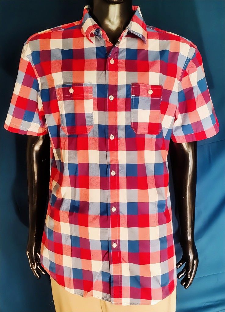 Ecko Unltd Shirt Men's L Red Blue Plaid Button Down Short Sleeve Casual VINTAGE