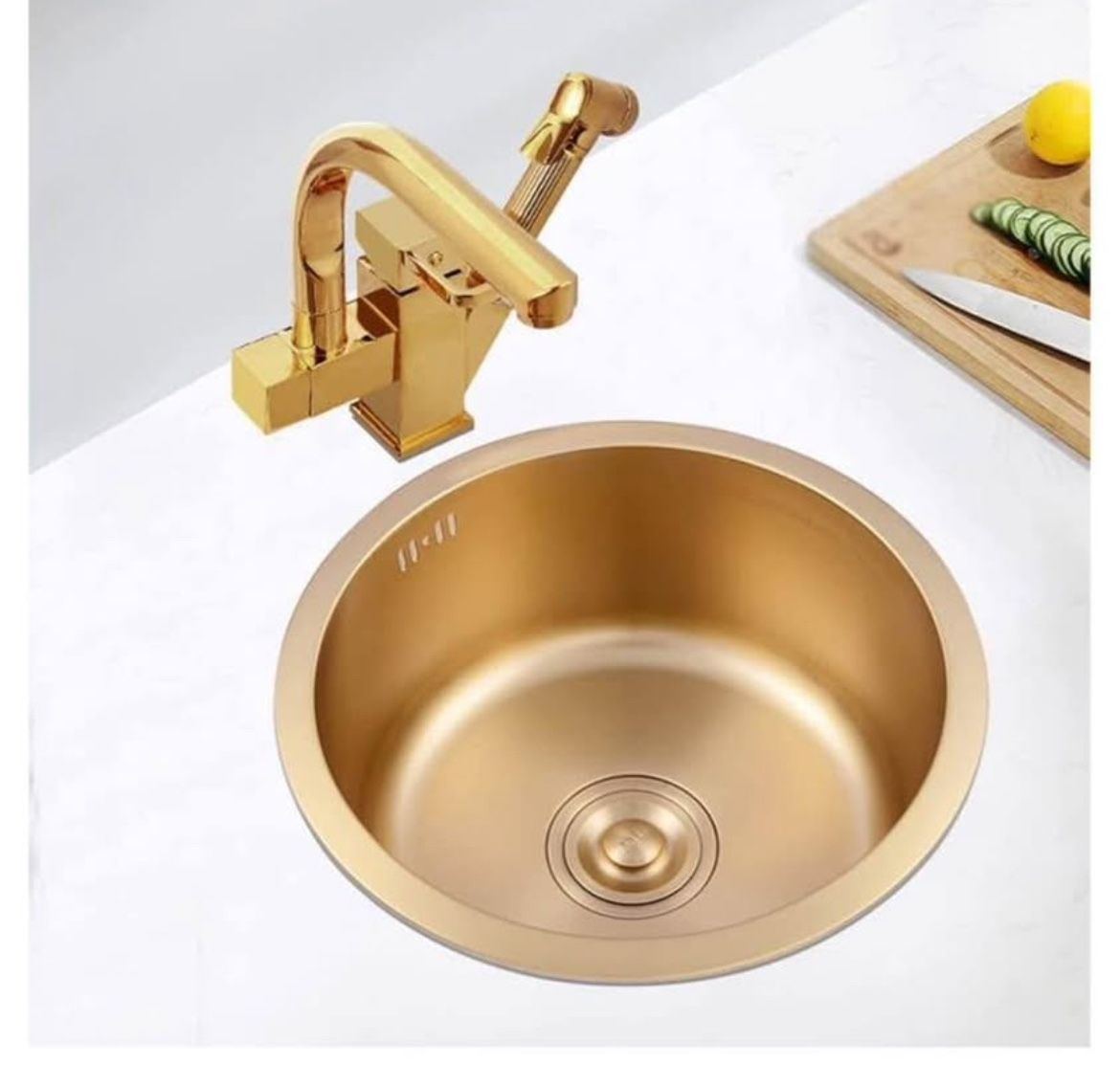 Gold Round KitchenSink Single Bowl StainlessSteel Sink w/Drain& Drain Basket Top Mount Or undermount