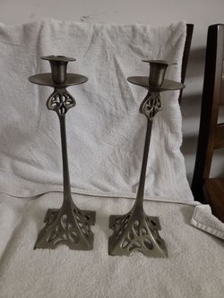Pair of Art Nouveau Cast Brass "Eiffel Tower" Candlesticks WMF