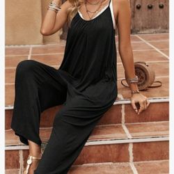 Black Women's Loose Casual Jumpsuit Sleeveless Solid Cami Jumpsuit Without Cami Top
