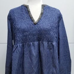 Blue Stripe Beaded Collar Top L