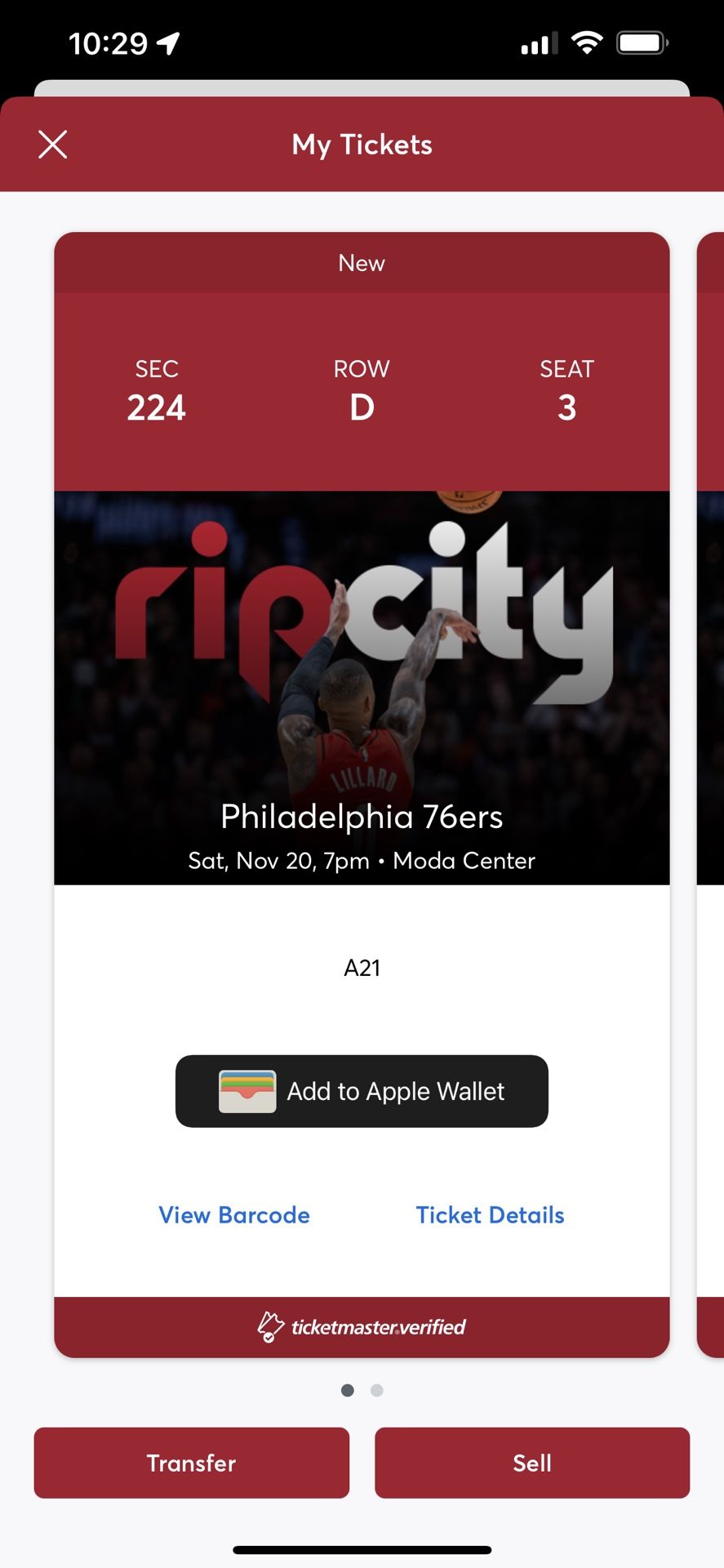 Two Tickets Blazers Vs 76ers Saturday Nov 20th