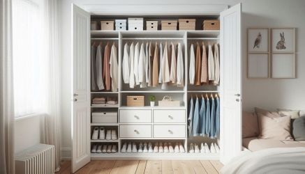 Reach in White Wall Closet with Custom Drawer Front Panels. Everything is Adjustable.