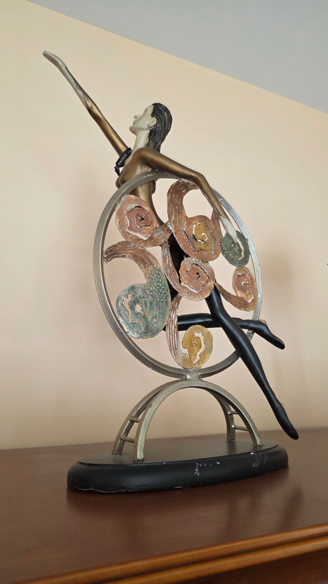Art Deco Ballerina Dancer Sculpture Figurine — Bronze & Silver Finish, Circular Hoop Base