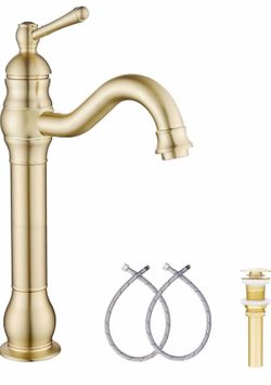 GGStudy 360 Swivel Single-Handle One Hole Vessel Sink Faucet With Matching Pop Up Drain - Brushed Gold Farmhouse Bathroom Vanity Faucet