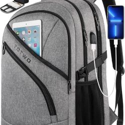 TOTWO Extra Large Travel Laptop Backpack with USB Charging Port, Grey