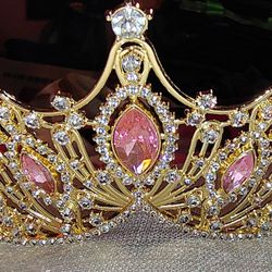 Brand New, Heavy Golden Crown With Pink Jewels