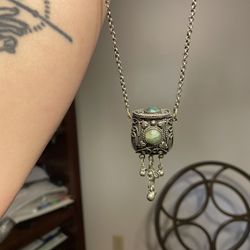 Vintage Metal Coin Purse Necklace with Real Jade Stone 