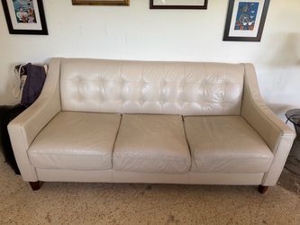 Cream Leather Tufted 3-Seat Sofa
