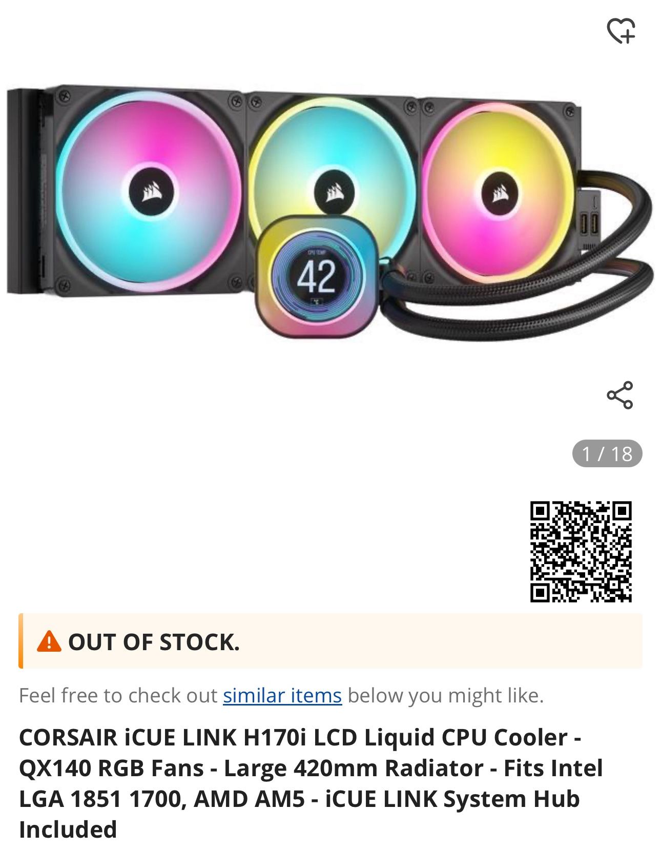 CORSAIR iCUE LINK H170i LCD Liquid CPU Cooler - QX140 RGB Fans