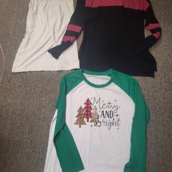 Jr/Women XL Merry and Bright holiday cheer jersey and Active Wear white cami. black/maroon stripe long sleeve items 3. Lot 03