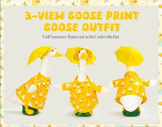 Porch Goose  Outfit Goose Printed Raincoat Clothes with Umbrella Hat Fits 23" Geese Statue