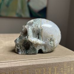 Moss Agate Skull Carving ( firm on price ) 