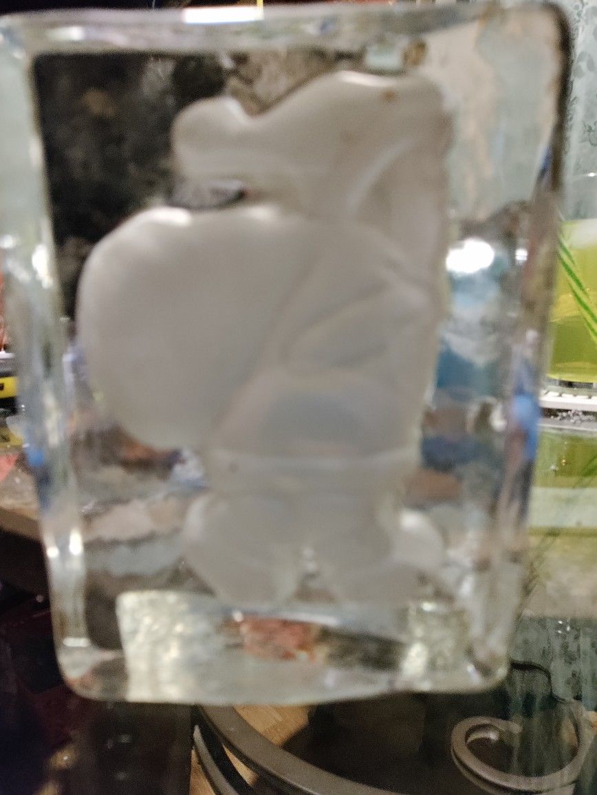 Santa Clause Tea Lite Candle Display Or Book End Glass Block