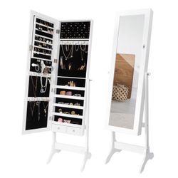 Full Length Mirror Jewelry Cabinet Free Standing Armoire Storage Organizer White
