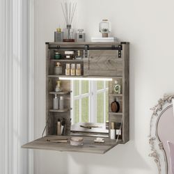 Floating Vanity Desk with Mirror and Lights Small Wall Mounted Makeup Set