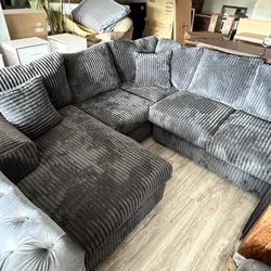 Brand New Plush Corduroy Gray Sectional Sofa L-Shaped with Chaise
