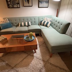 Mid-Century Modern Tufted Sectional Sofa – Teal