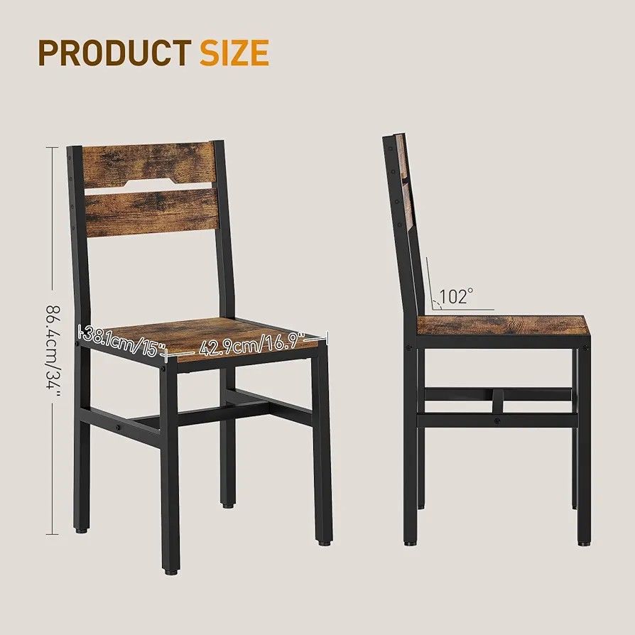 Dining Chairs Set of 2, Rustic Wooden Kitchen Chairs with Backrests and Metal Frame, Modern Farmhouse Dinner Chairs for Kitchen, Easy Assembly, Living