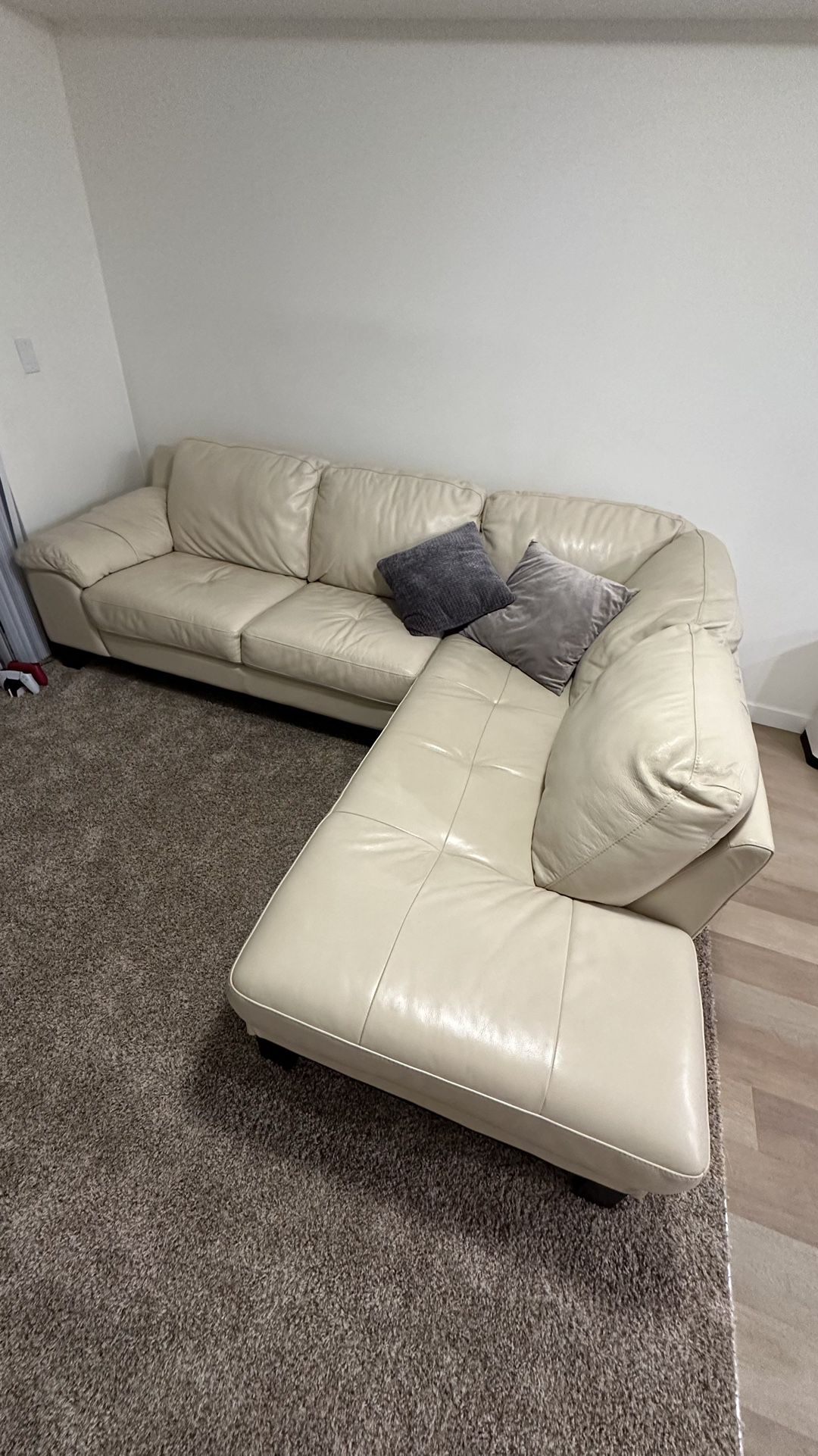Beige leather sectional sofa, Couch 