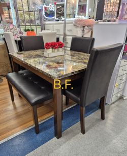 🌲  Dining Set 5 Pc, Faux Marble Top, Espresso Finish, Faux Leather, New In The Box.