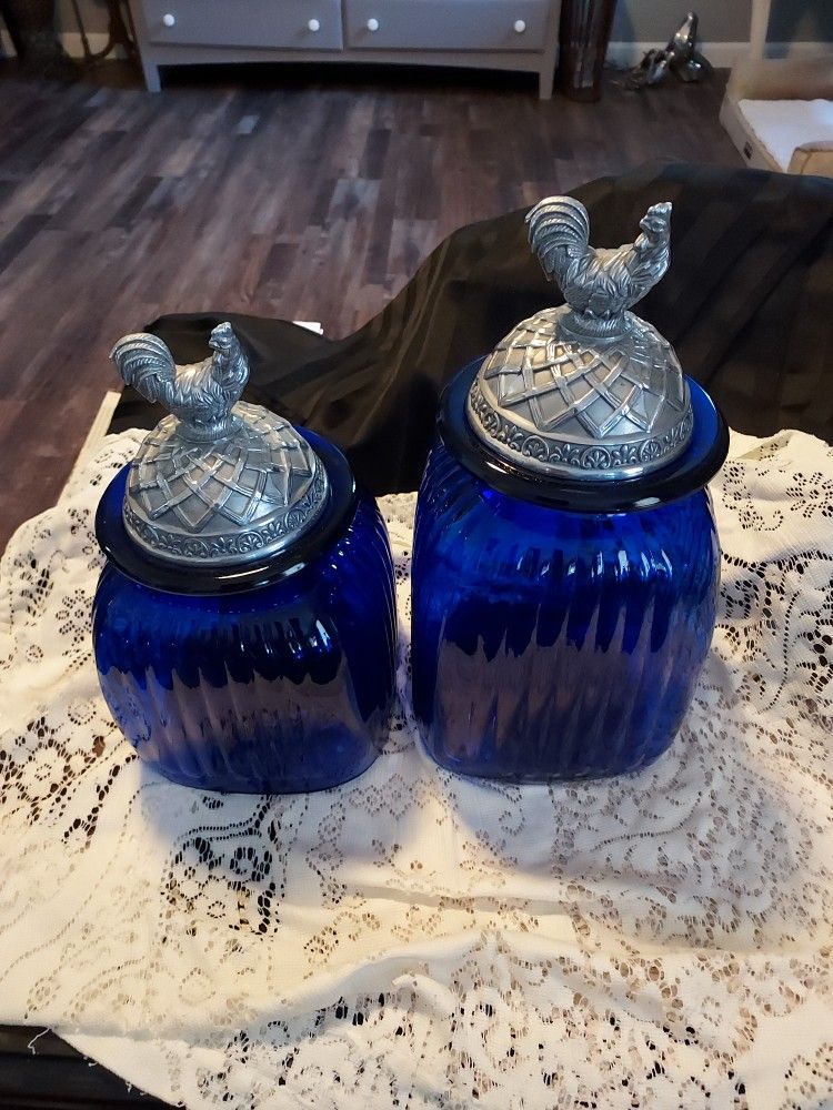 Vtg Artland Cobalt Blue Square Ribbed Glass Canisters w Rooster Pewter Lids