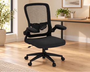 Office Chair, Ergonomic Comfy Desk Chair with Flip-up Armrests Adjustable Height, 360° Swivel, Flexible Tilt, Breathable Cushion and Fabric, Lumbar Su