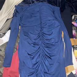 blue long-sleeve ruched bodycon mini dress
