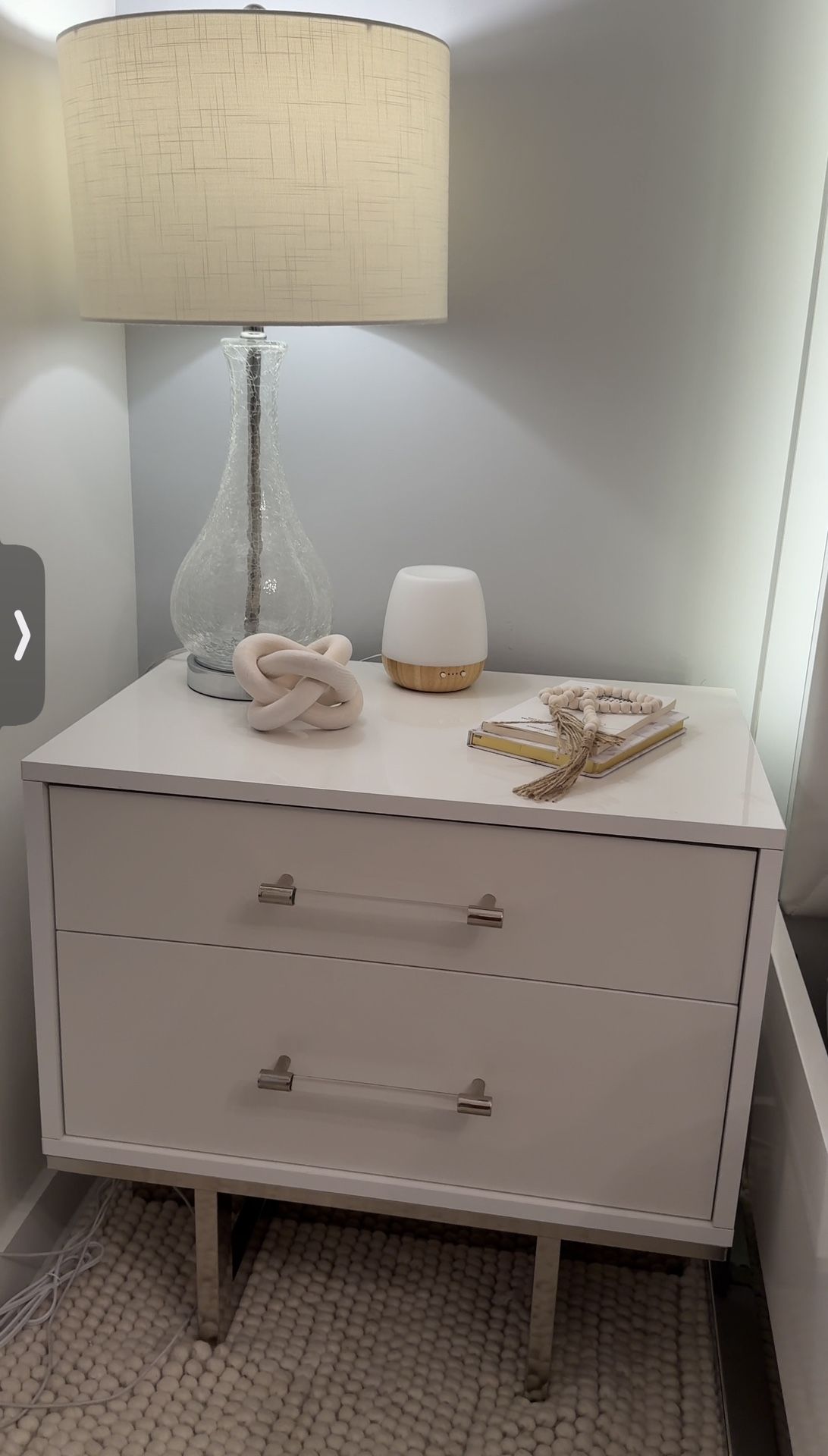 Two Modern Luxury White Nightstands — 2 Drawers, Acrylic + Silver Accents