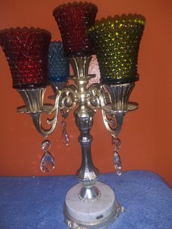 Gorgeous Vintage candelabra 5 arms prisms crystal, marble base. It comes w/ hobnail glass votive cup.
