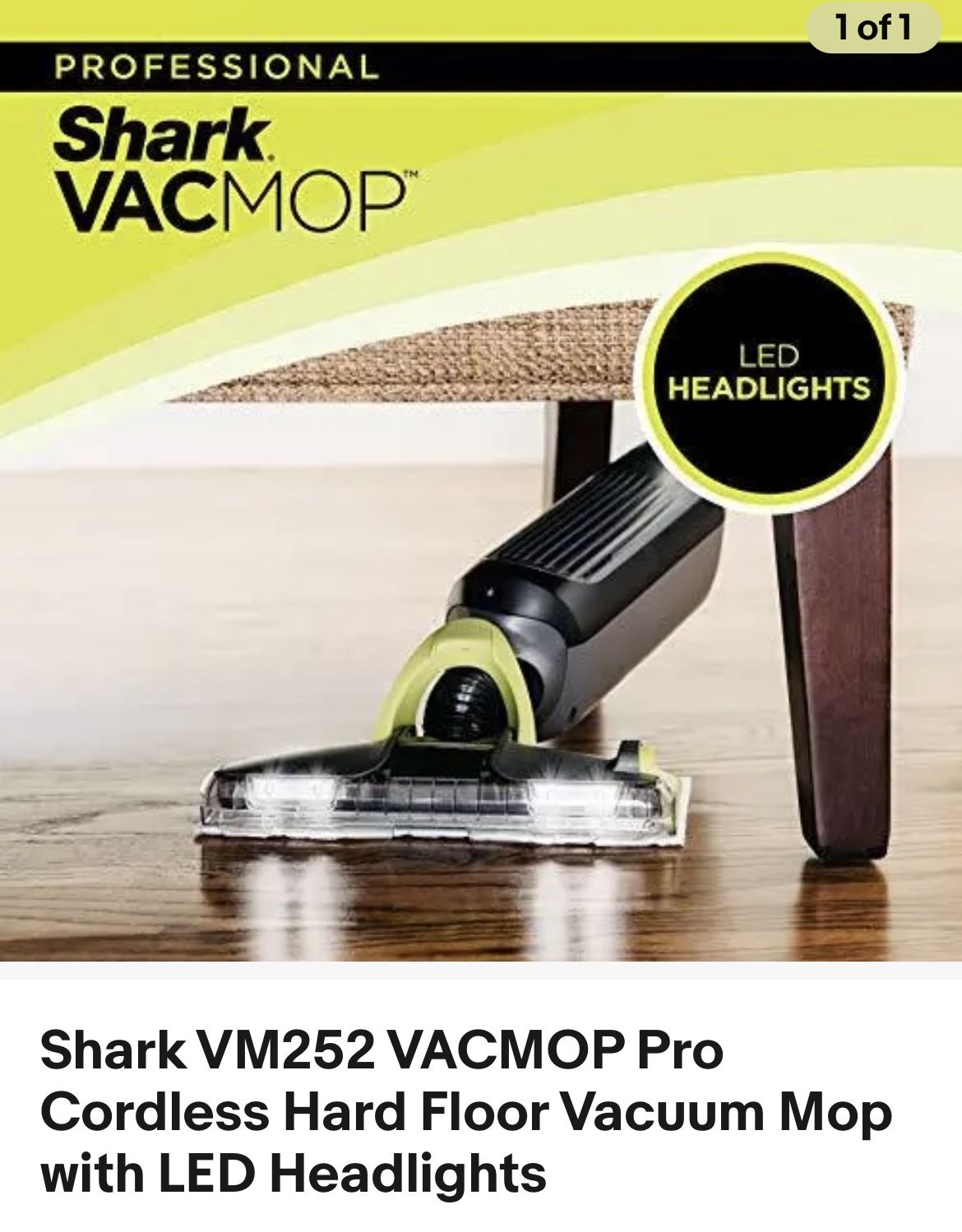SharkVM252 VACMOP Pro Cordless Hard Floor Vacuum Mop LED Headlights plus 1 box of pads, + liquid