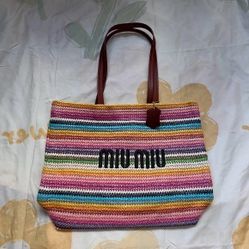 Miu Miu Embroidered Colorblock Woven Bag
