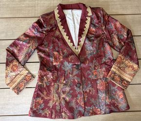 Nwot: Unbranded Women's XXL Burgundy Floral Tapestry Print Blazer Boho-Glam Statement
